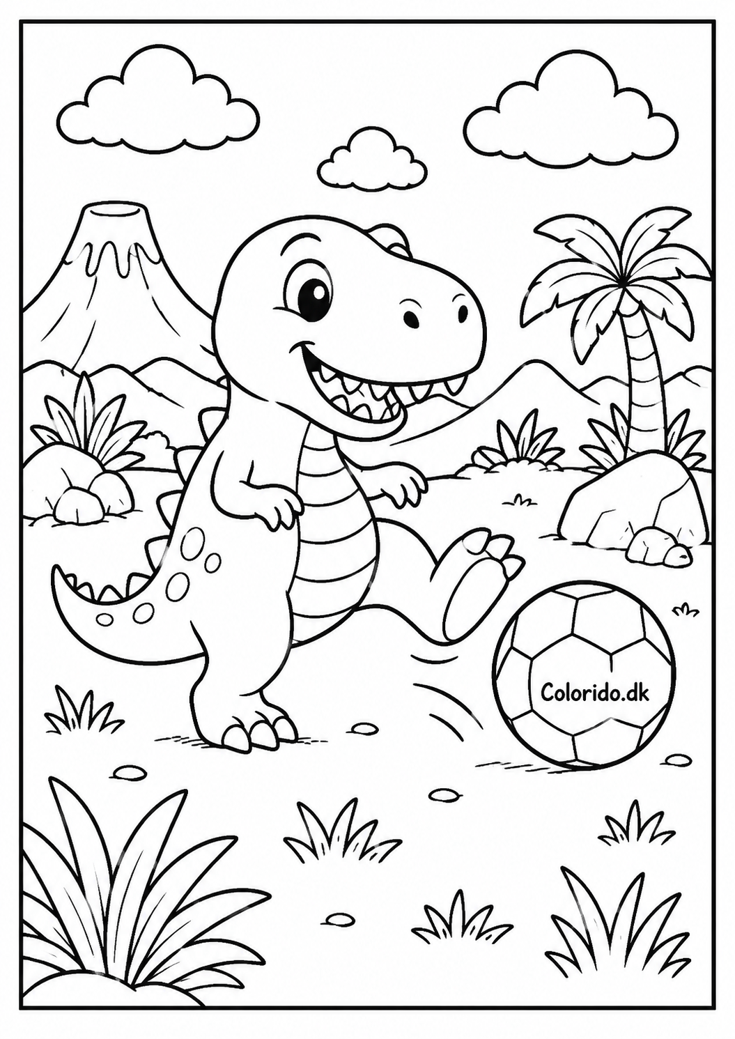 T-Rex spiller fodbold – sjov dinosaur til farvelægning