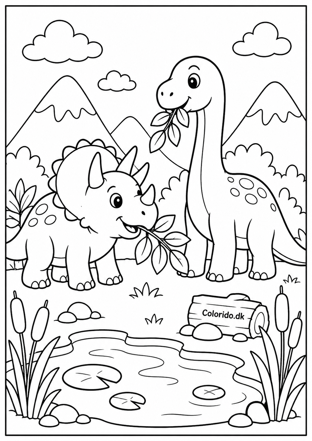 To dinosaurer deler blade ved dammen – tegning til print