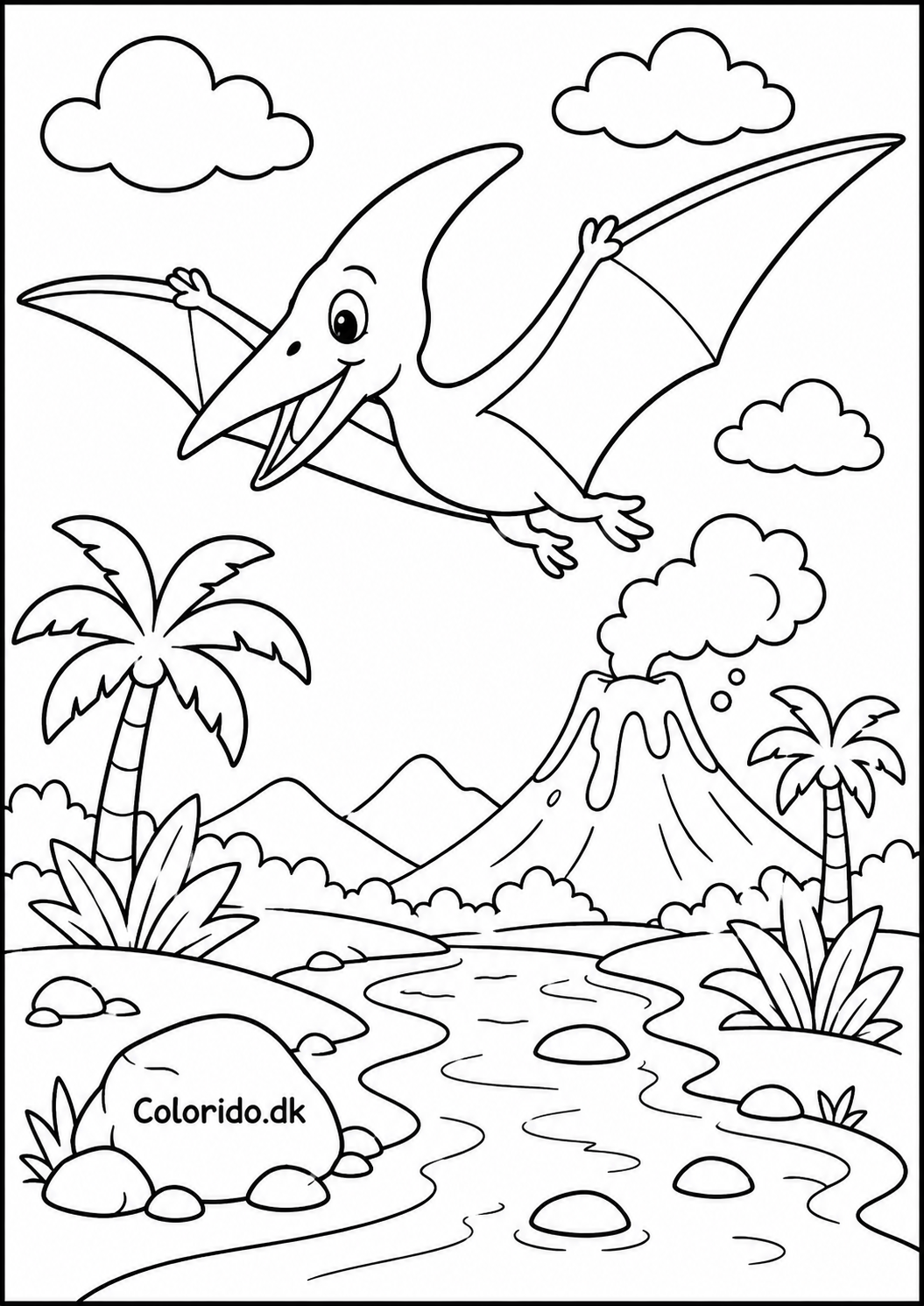 Flyvende pterodaktyl over vulkan – dinosaur malebillede