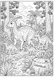 Dinosaurfamilie i den frodige urskov – detaljeret malebillede