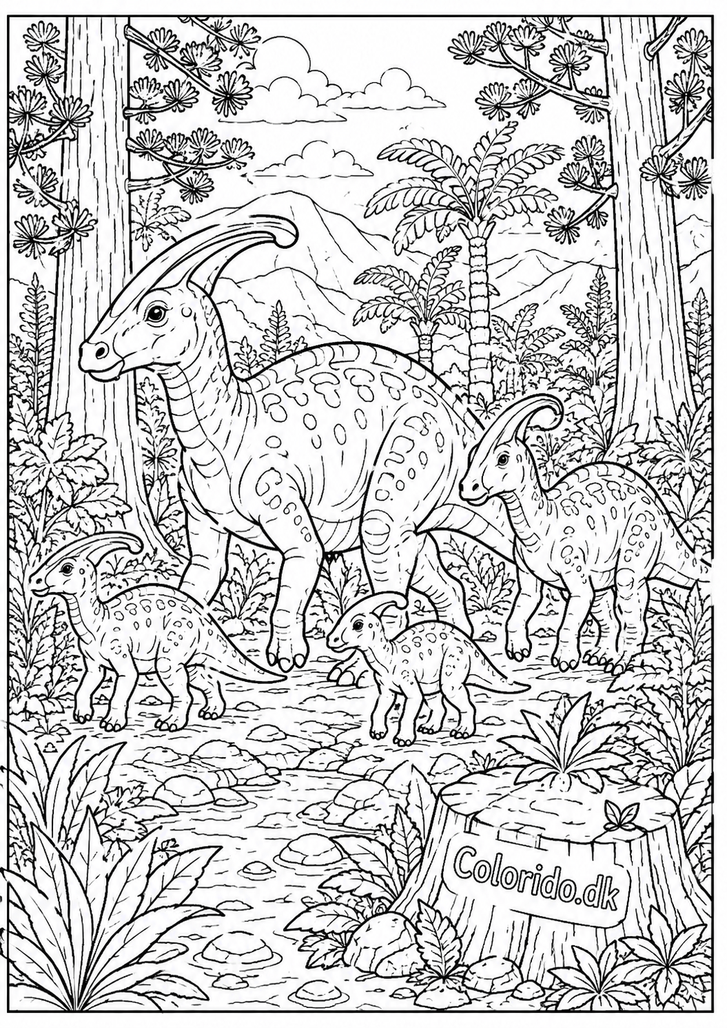 Dinosaurfamilie i den frodige urskov – detaljeret malebillede