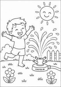 Sommerleg med sprinkler i haven – Let sommer tegning til print