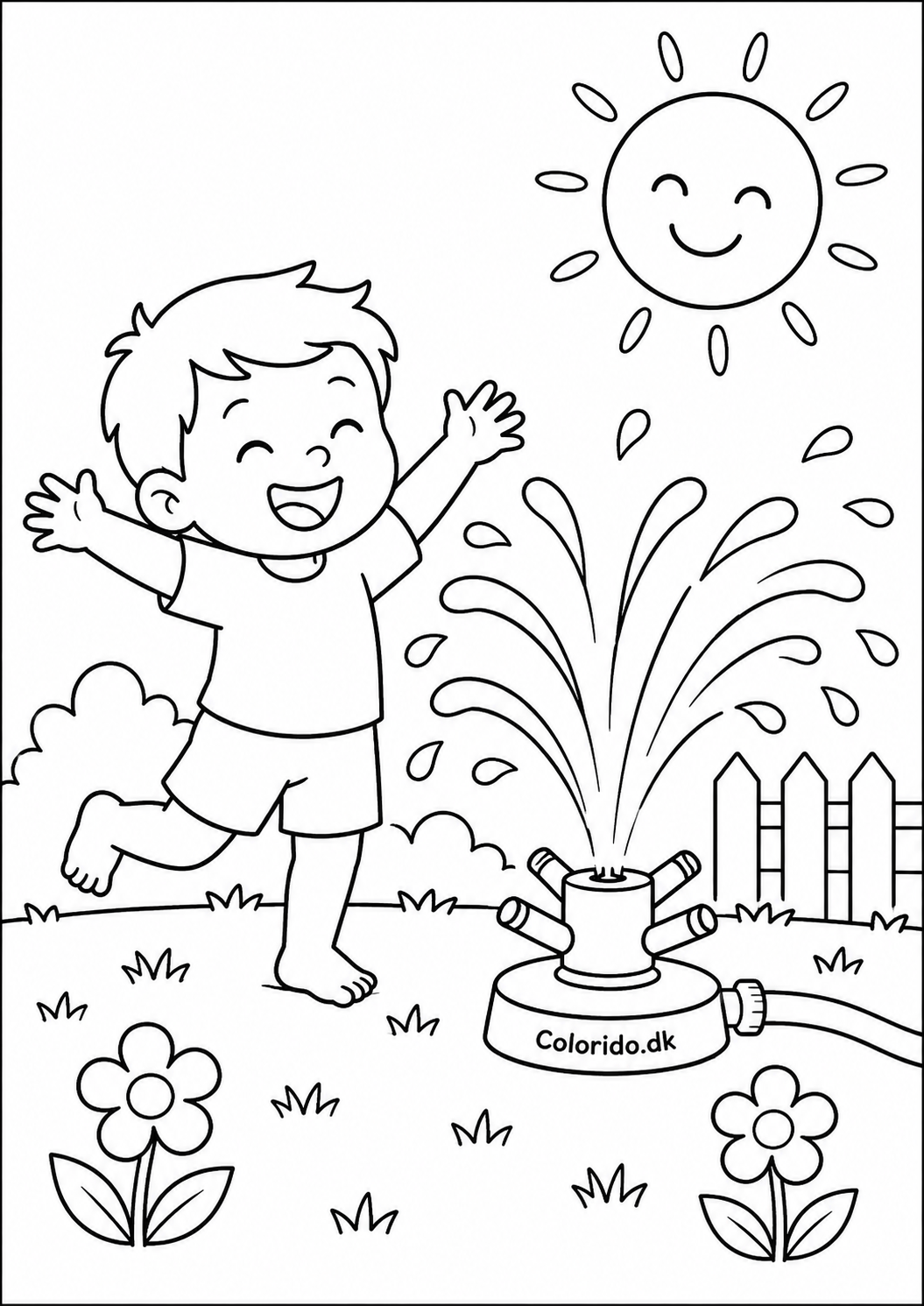 Sommerleg med sprinkler i haven – Let sommer tegning til print