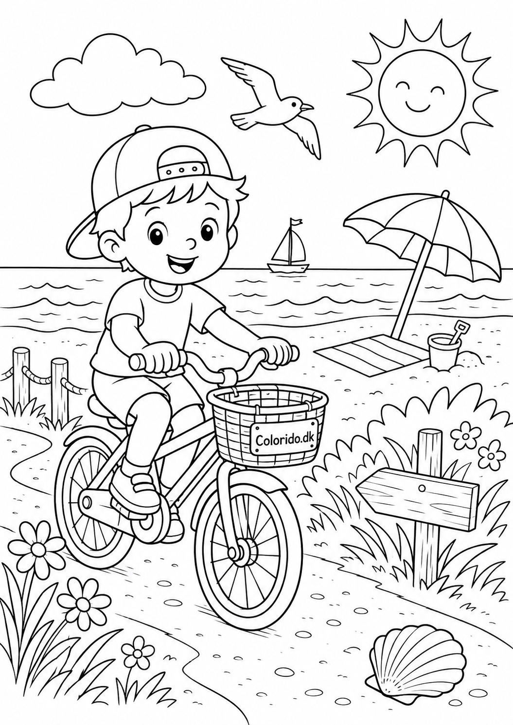 Cykeltur langs stranden på en solrig sommerdag – sommer tegning til print
