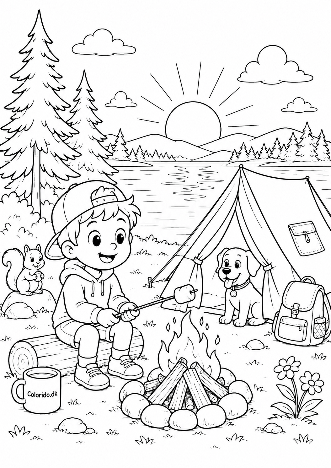 Sommerferie med camping og bål ved søen – tegning til farvelægning