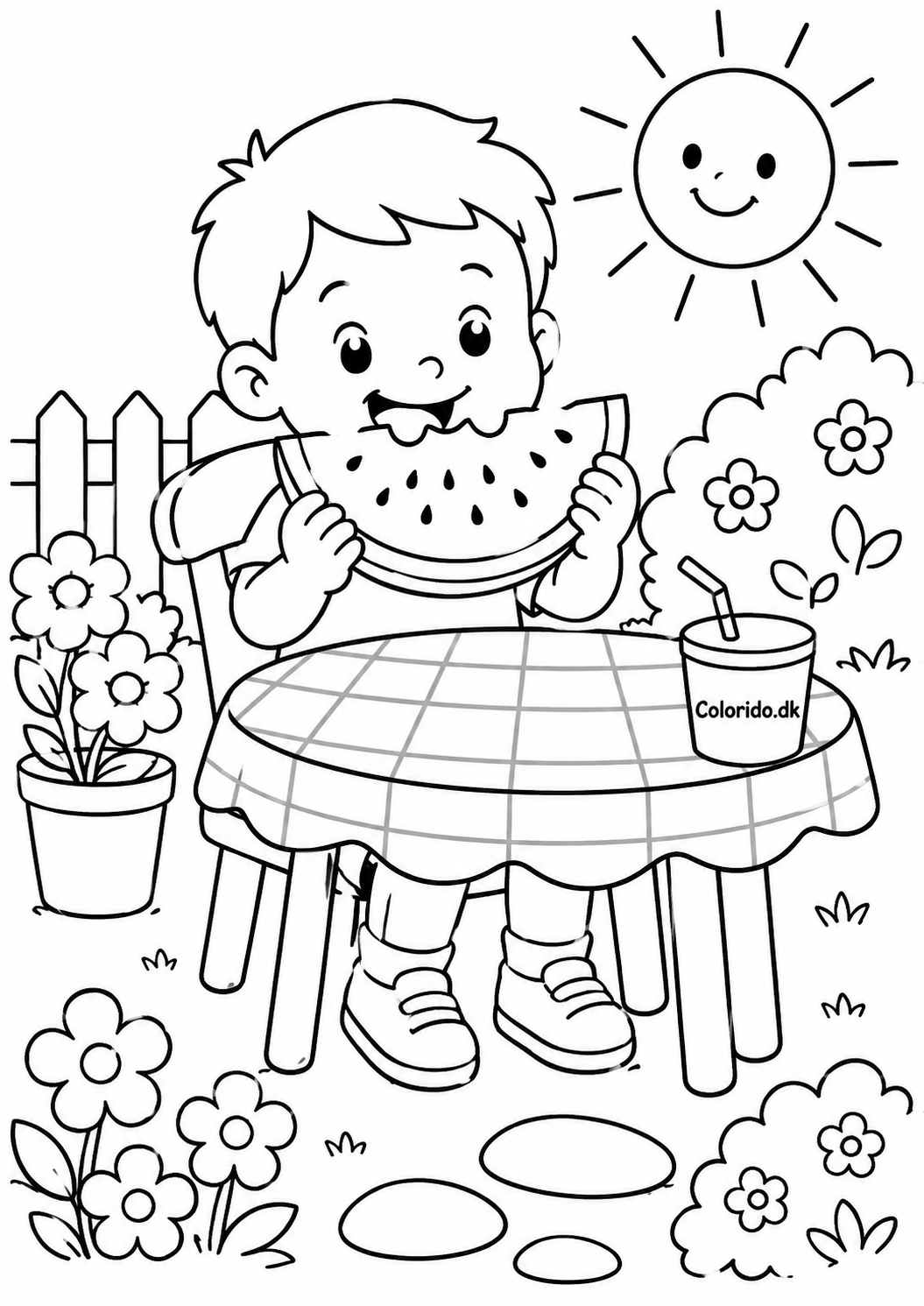 Barn spiser vandmelon i haven – sommer tegning