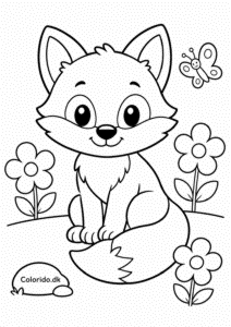 Sød ræv med blomster – gratis tegning til print