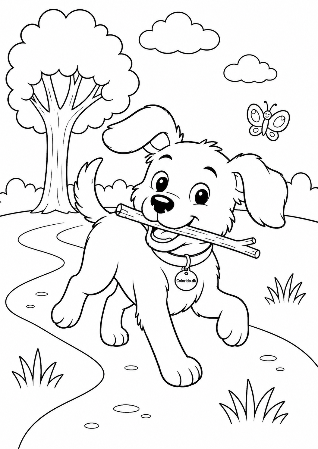 Legesyg hund i parken – tegning af en hund til print