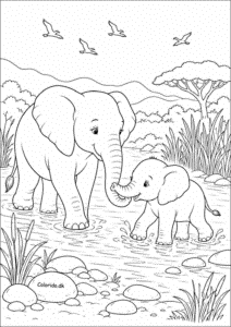 Elefanter ved floden – tegninger af elefant til børn