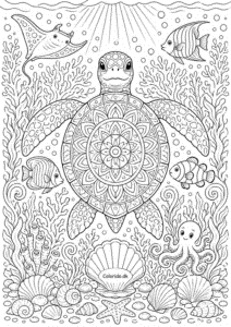 Havdyr-mandala med havskildpadde – flot tegning til print