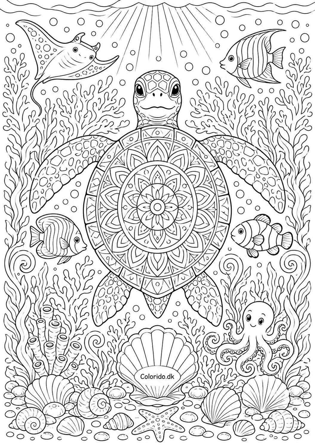Havdyr-mandala med havskildpadde – flot tegning til print