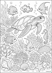 Havskildpadde på koralrev med fisk – detaljeret havdyr tegning