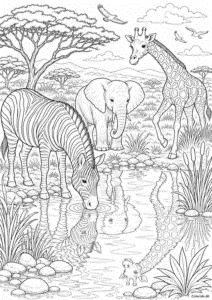 Zebra, elefant og giraf ved vandhul – afrikanske dyr til farvelægning