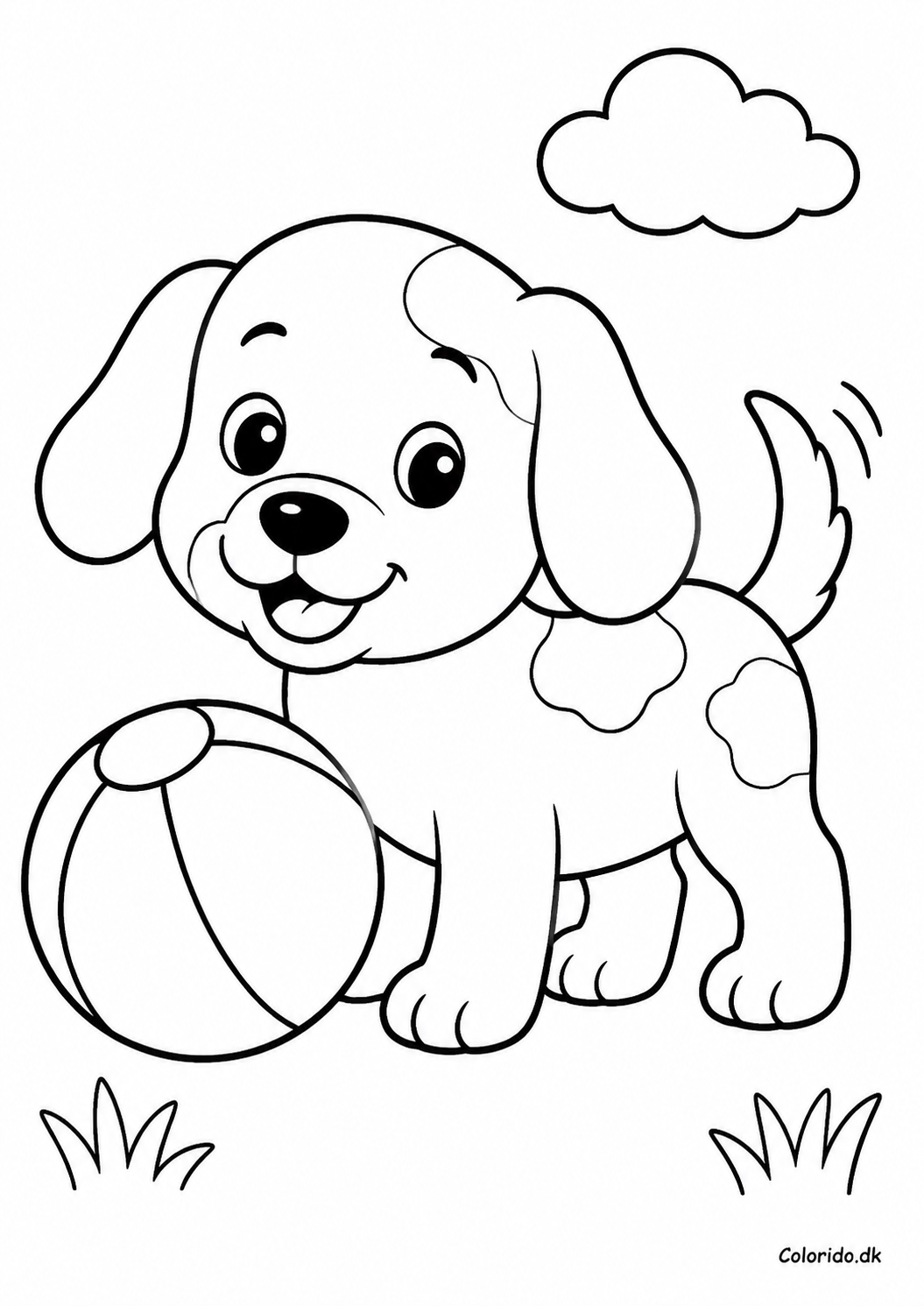 Glad hundehvalp med bold – gratis tegning til print