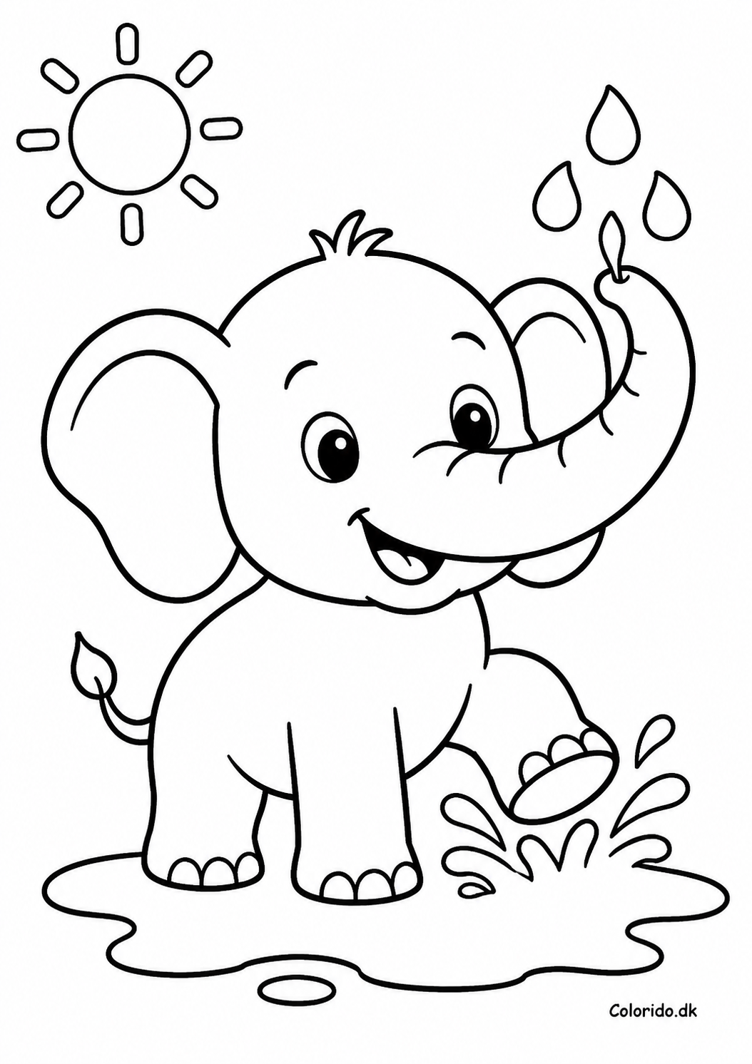 Lille elefant i vandpyt – nem tegning til print