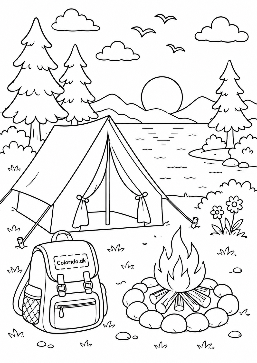 Telt og lejrbål ved søen – camping tegning til farvelægning