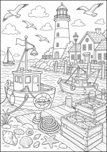 Havn med fyrtårn og fiskerbåde – detaljeret tegning til print