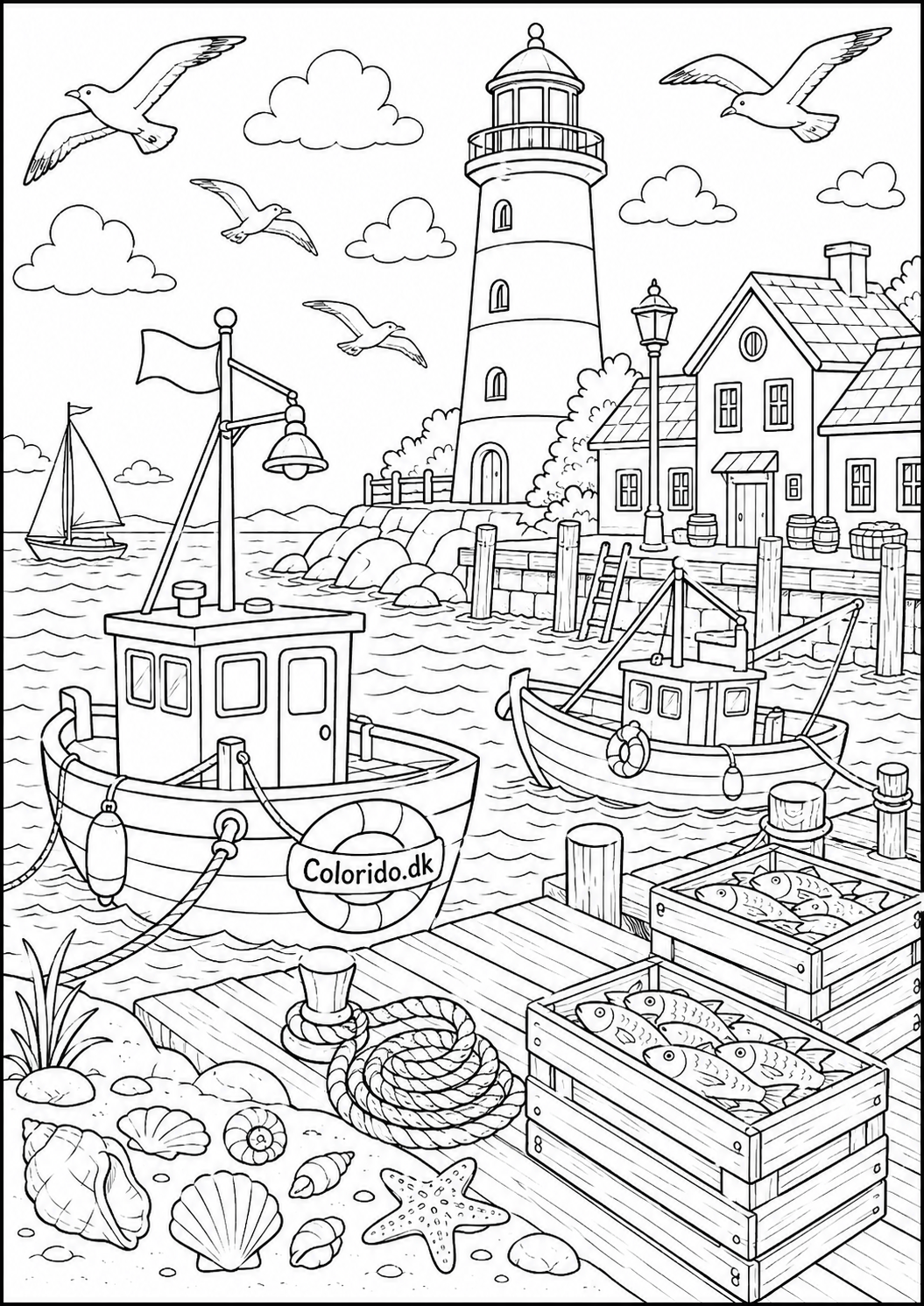 Havn med fyrtårn og fiskerbåde – detaljeret tegning til print