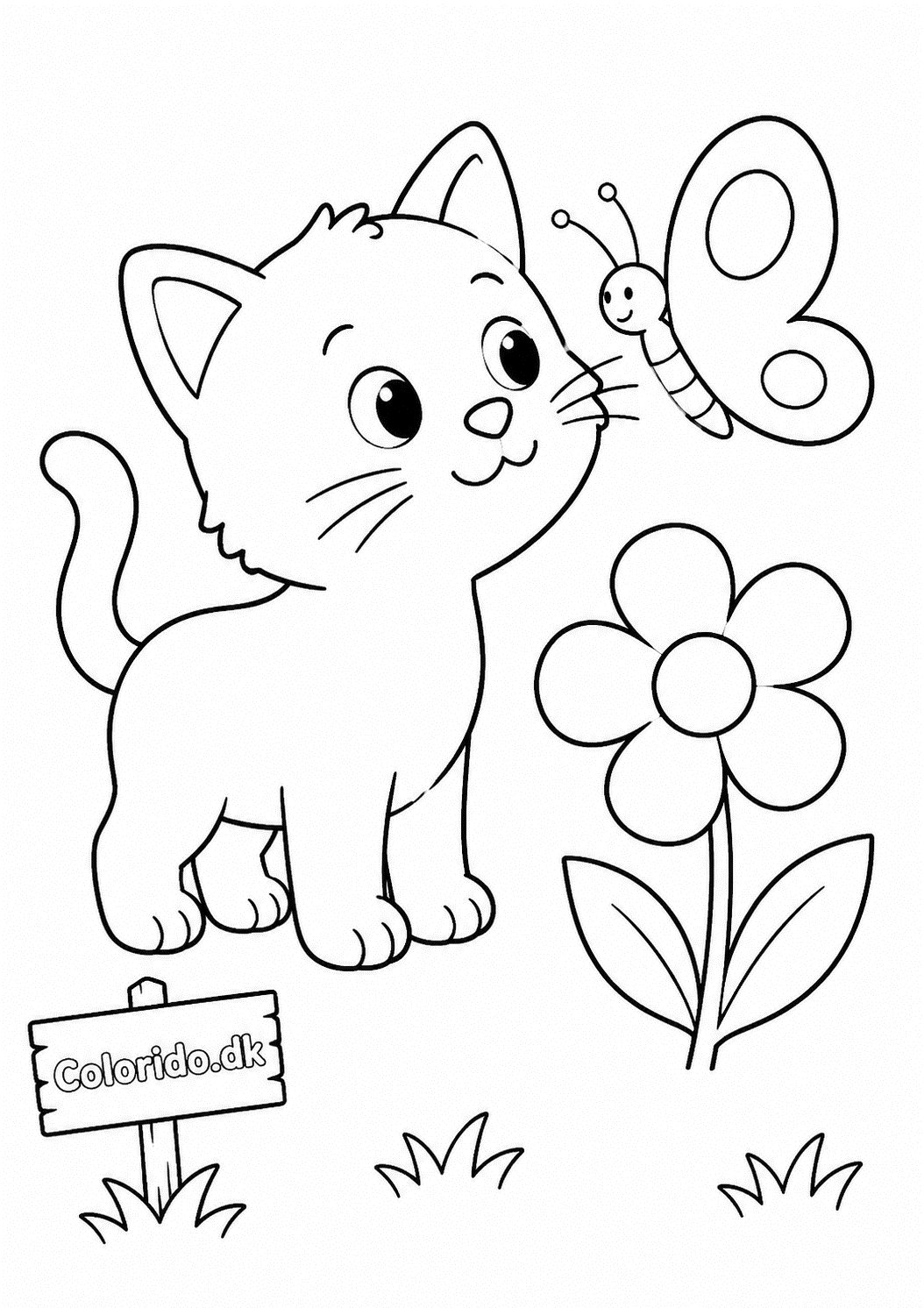 Killing med sommerfugl og blomst – nem tegning af kat