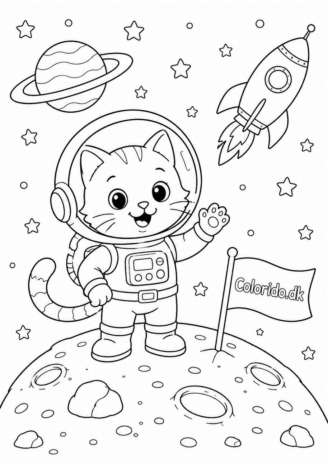 Kat som astronaut på månen – eventyrtegning