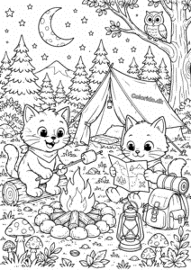 Katte på camping i skoven – detaljeret tegning til print