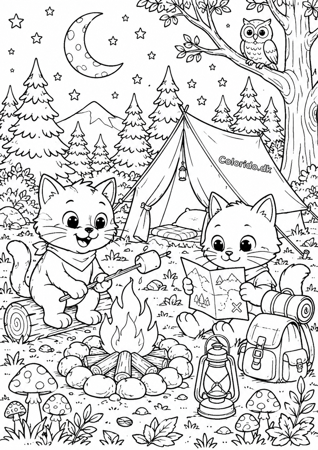 Katte på camping i skoven – detaljeret tegning til print