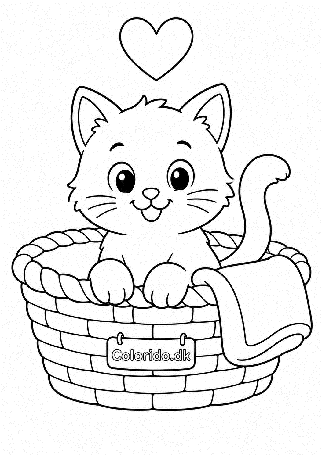 Kattekilling i kurv med hjerte - Sød tegning til farvelægning