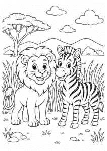 Løve og zebra på savannen – dyretegning til print
