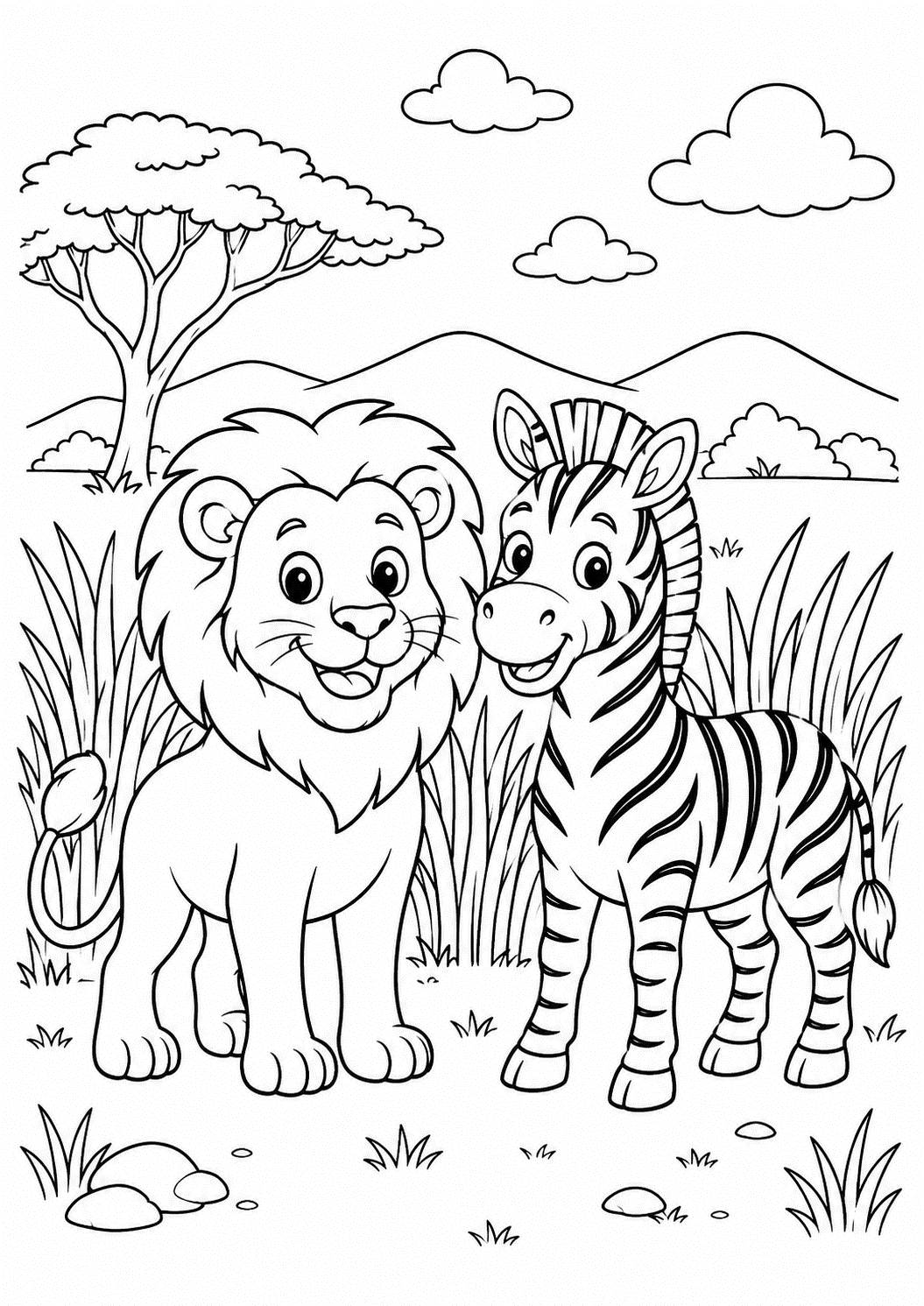 Løve og zebra på savannen – dyretegning til print