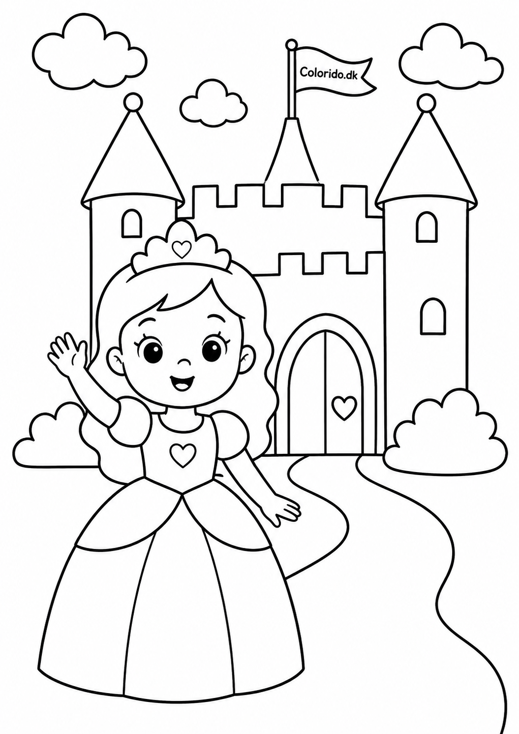 Prinsesse foran et eventyrslot – gratis tegning