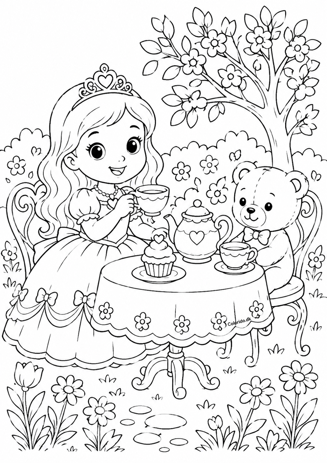 Prinsessens teselskab med bamse – tegning til print