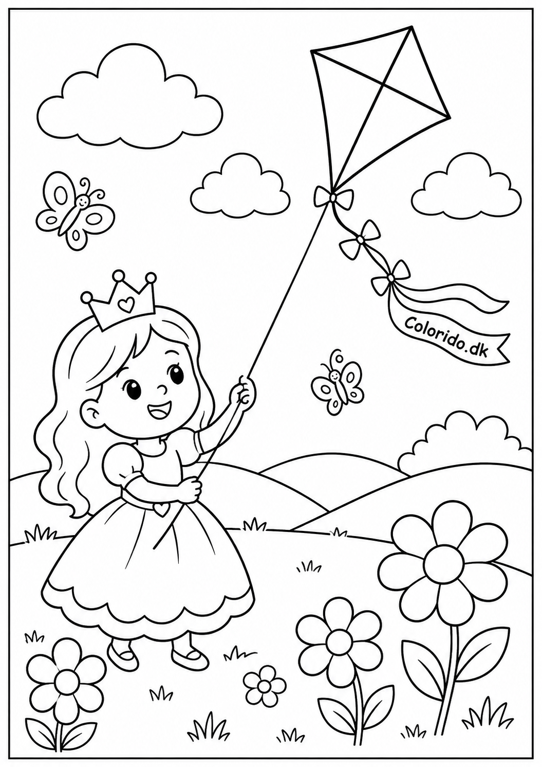 Prinsesse flyver med drage i blomsterengen