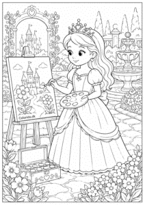 Prinsesse maler et eventyrslot i haven
