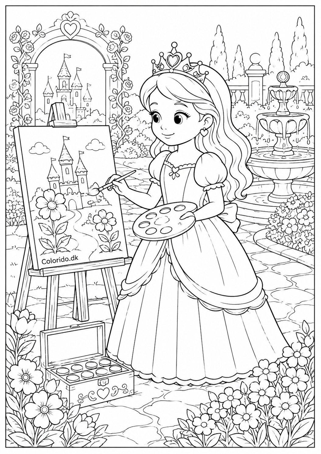 Prinsesse maler et eventyrslot i haven