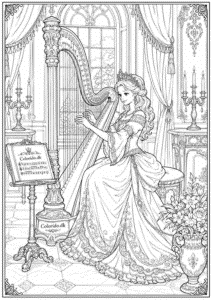 Prinsesse spiller harpe i den kongelige musikstue