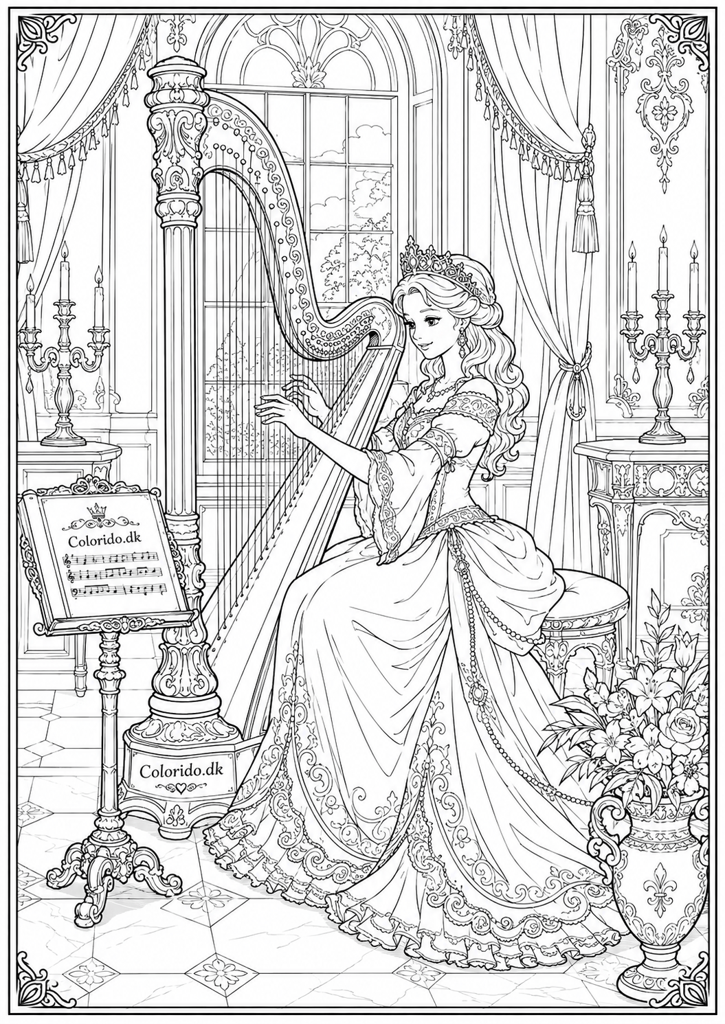 Prinsesse spiller harpe i den kongelige musikstue