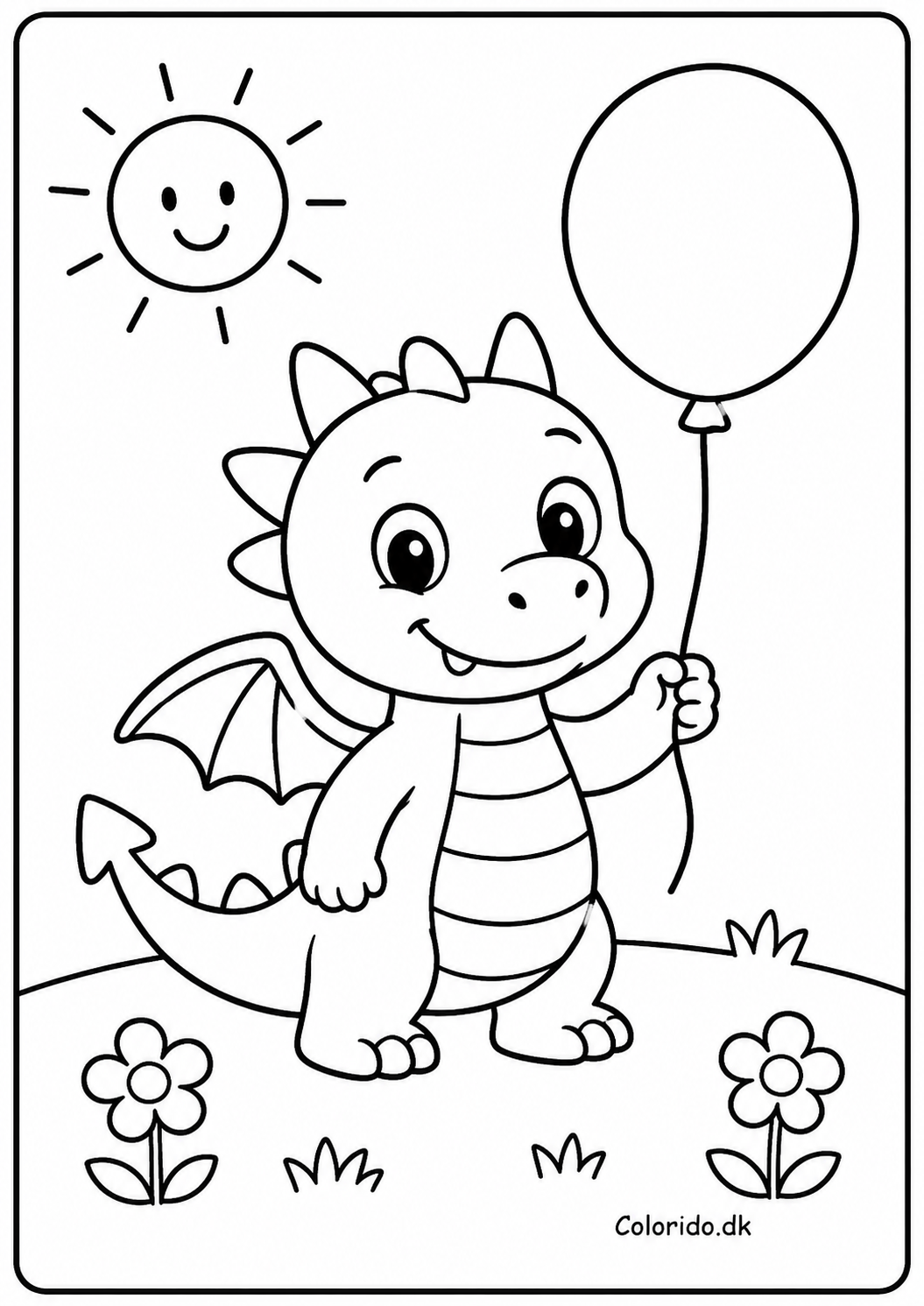 Drage med ballon i blomstereng – gratis tegning til print