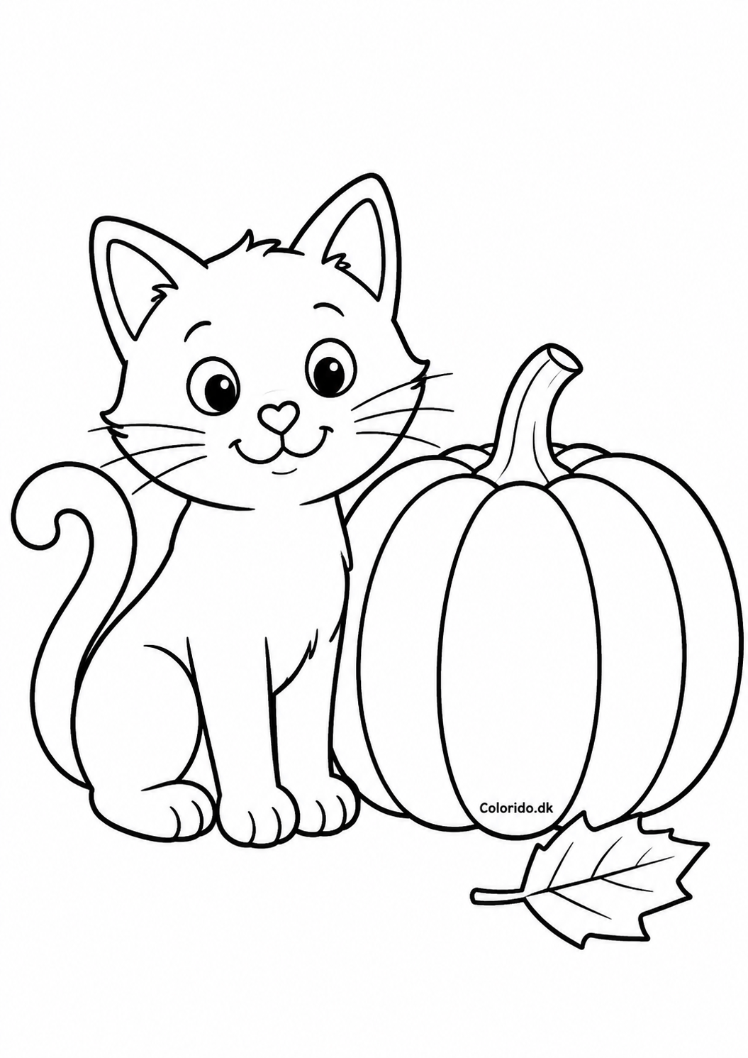 Sød kat ved et stort græskar – nemt Halloween-maleark