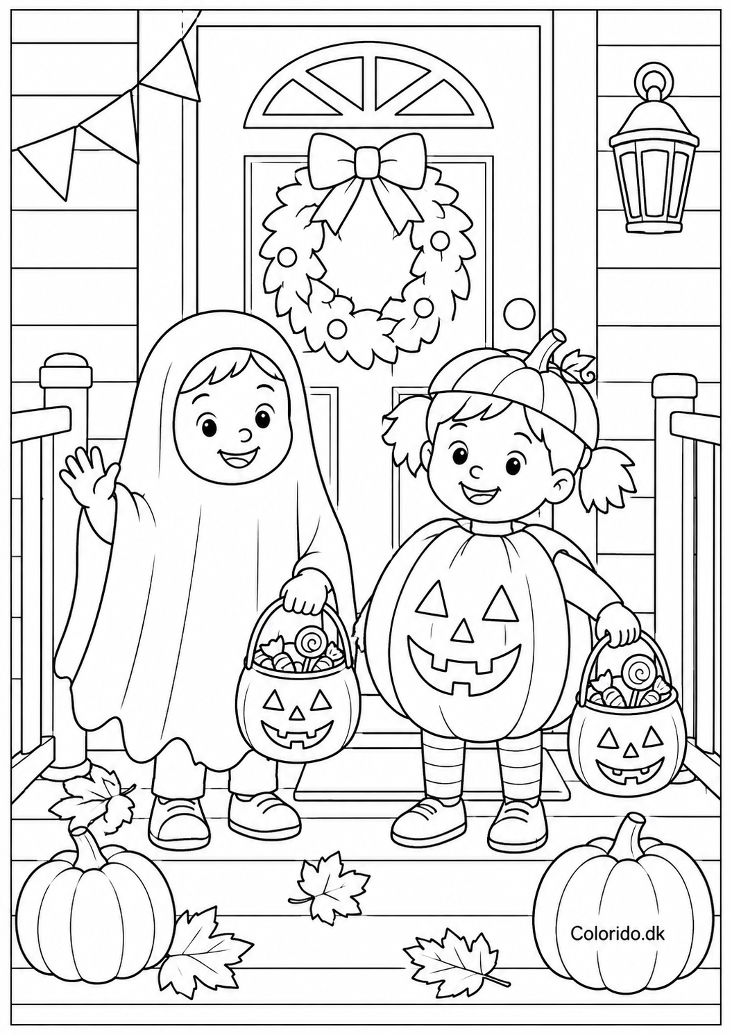 To børn på slik eller ballade – Halloween-tegning til farvelægning