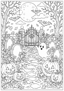 Halloween-kirkegård med græskar og flagermus – svær tegning til print