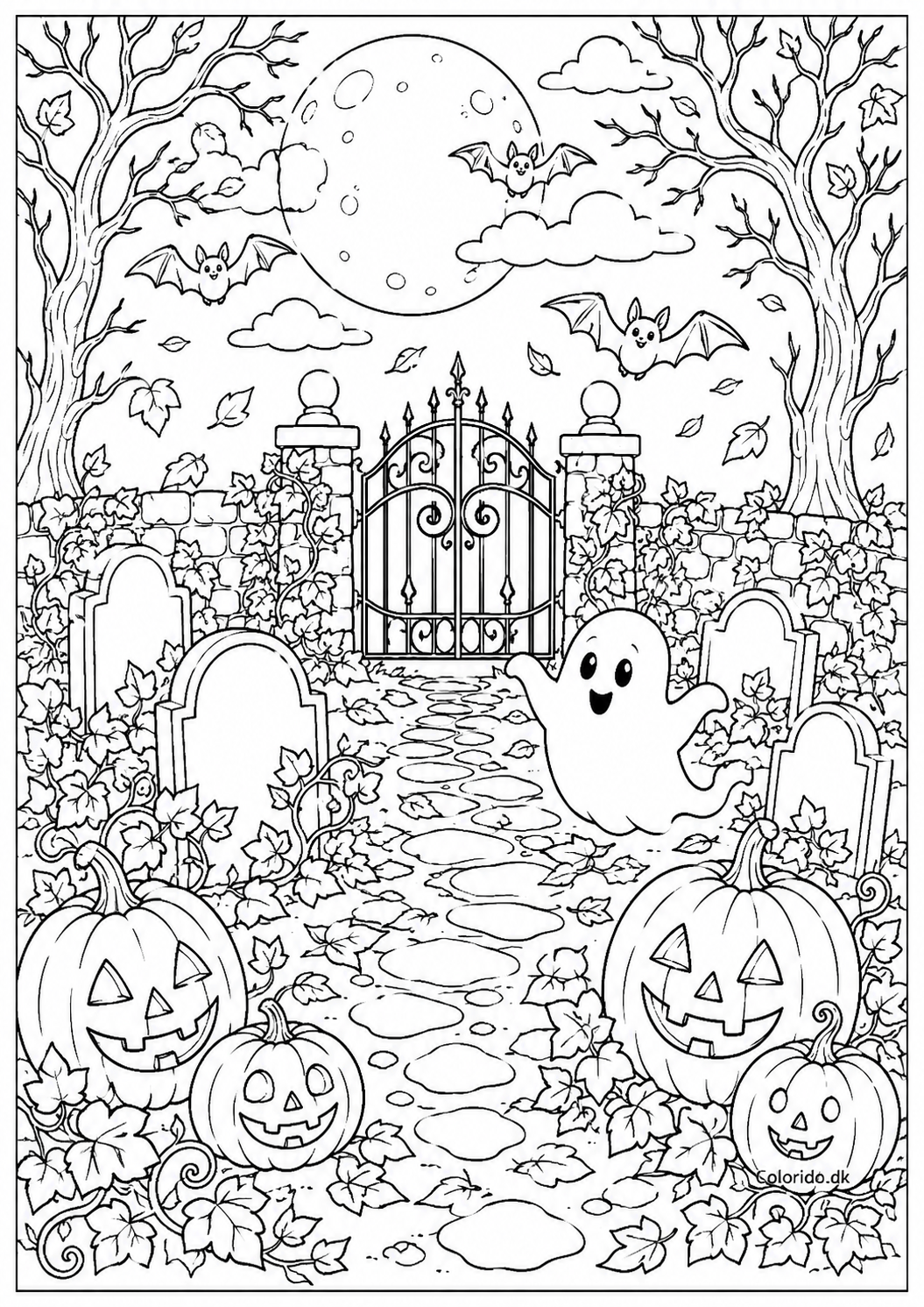 Halloween-kirkegård med græskar og flagermus – svær tegning til print