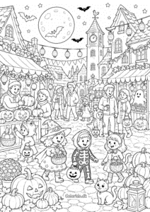 Halloween-marked med udklædte børn – detaljeret tegning til farvelægning