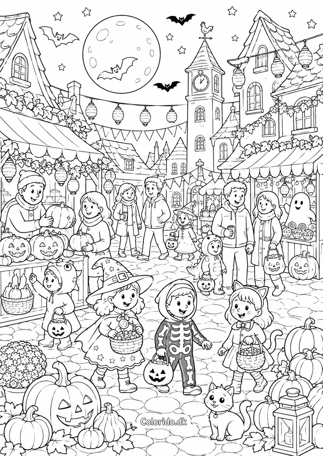 Halloween-marked med udklædte børn – detaljeret tegning til farvelægning