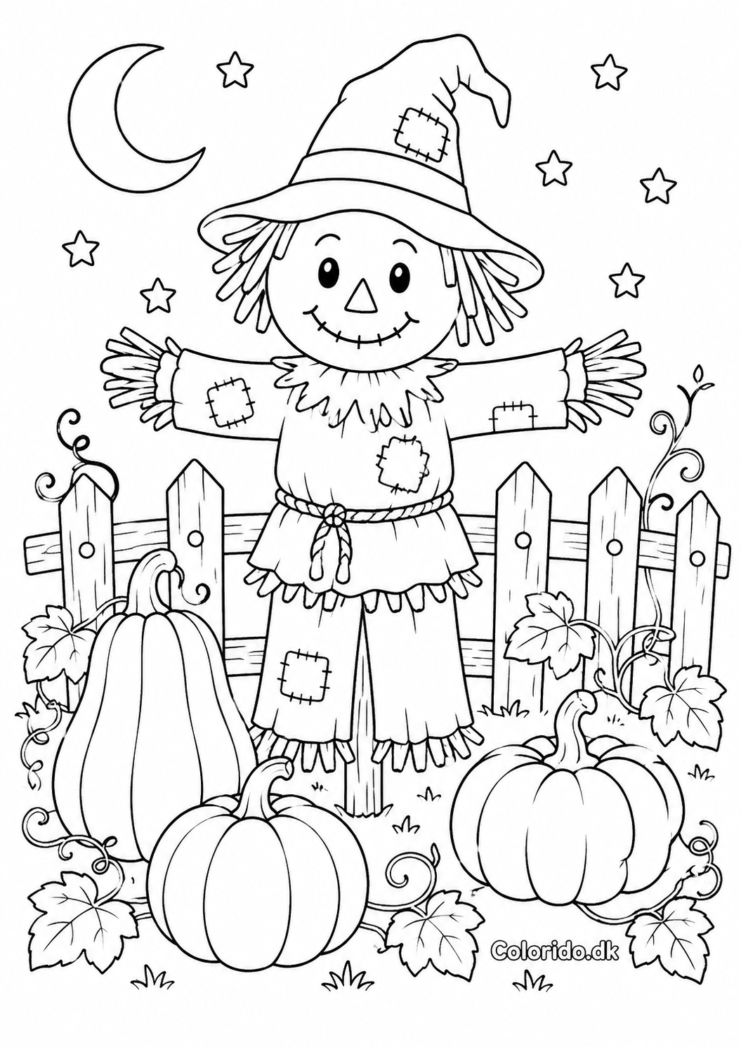 Fugleskræmsel i græskarmarken – Halloween-tegning til print