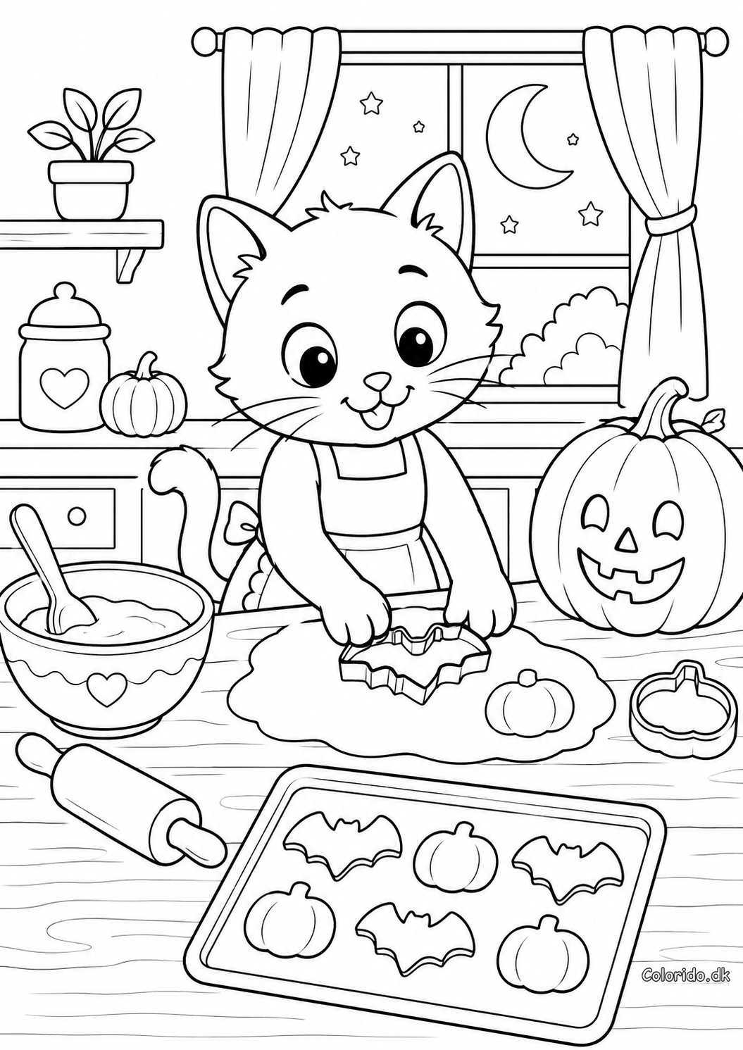 Kat bager Halloween-småkager – gratis tegning til børn