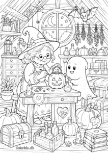 Heks og spøgelse i et magisk loftsværksted – svær Halloween-tegning
