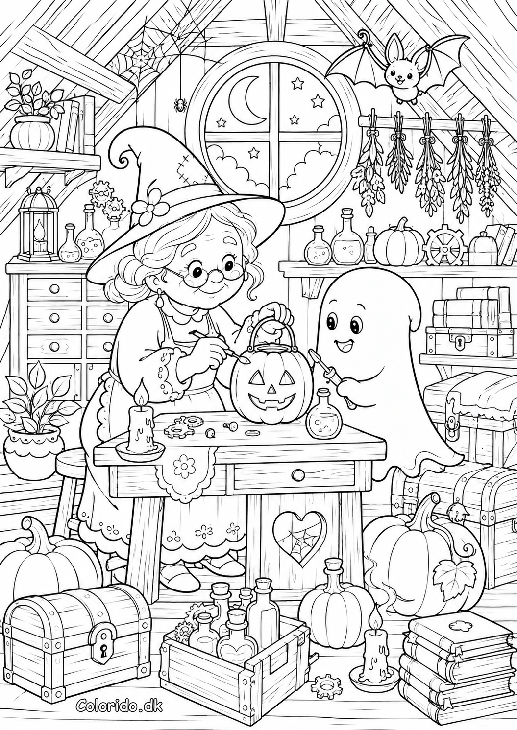 Heks og spøgelse i et magisk loftsværksted – svær Halloween-tegning