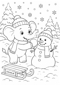 Elefant bygger en snemand – vintertegning til print