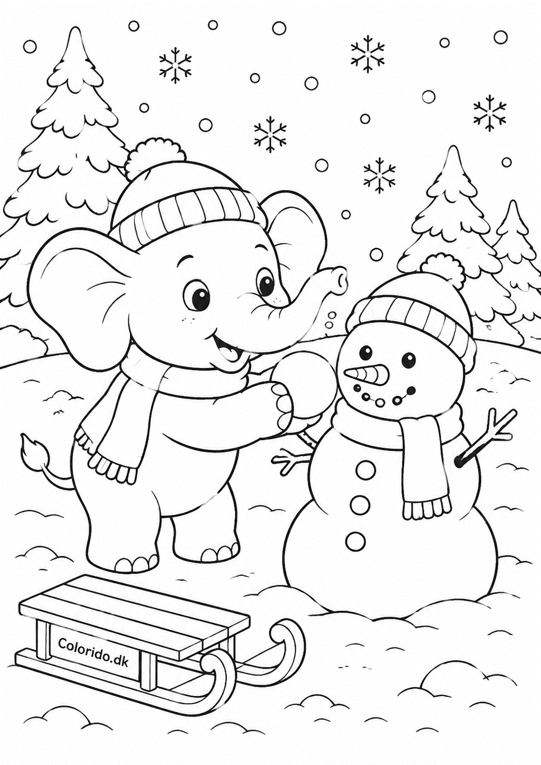 Elefant bygger en snemand – vintertegning til print