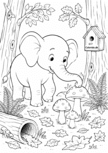 Elefant finder svampe i skoven – detaljeret elefant tegning